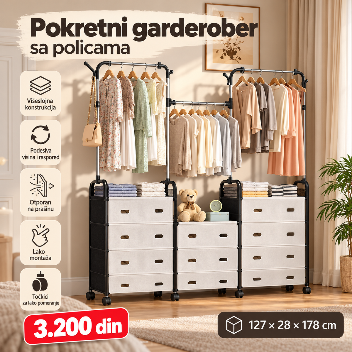 Pokretni garderober sa policama i točkićima