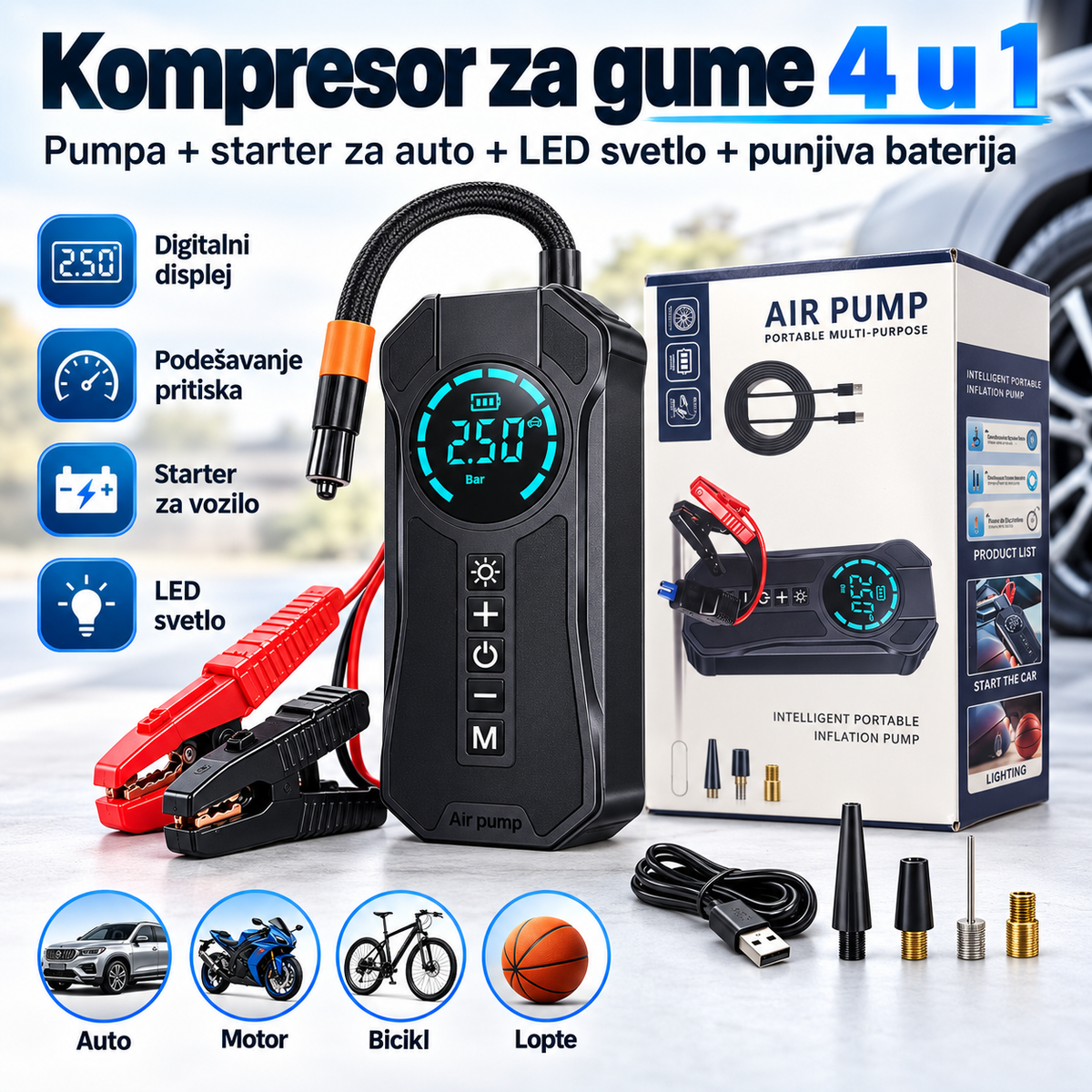 Digitalni kompresor 4 u 1 sa starterom