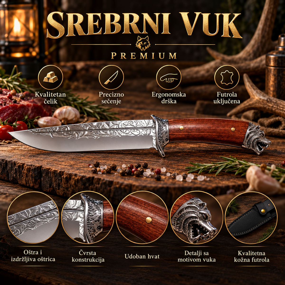 Srebrni vuk – lovački nož sa gravurama na sečivu, drvenom drškom i metalnom glavom vuka