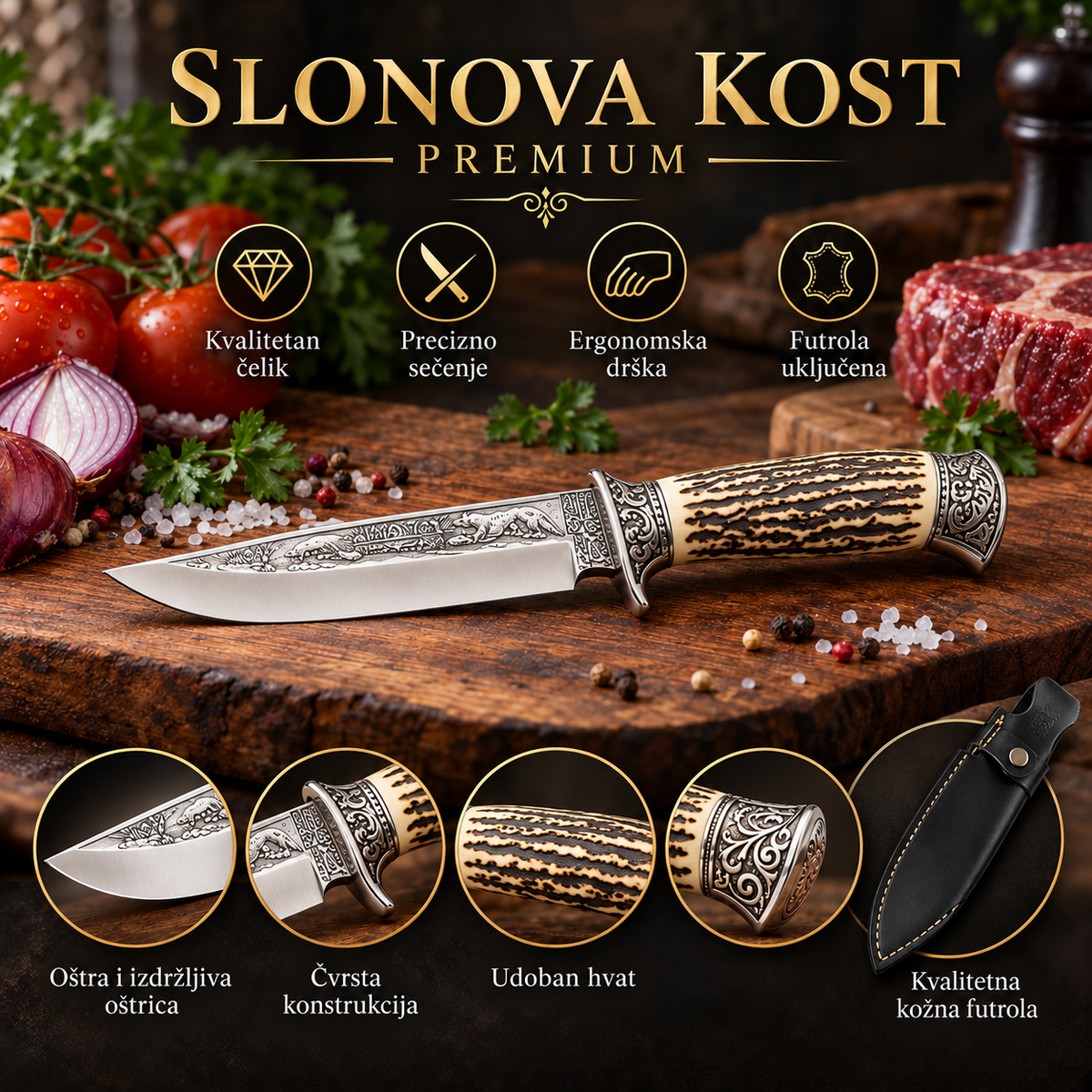 Premium Columbia – Slonova kost manji, fotografija noža sa svetlom drškom i detaljima