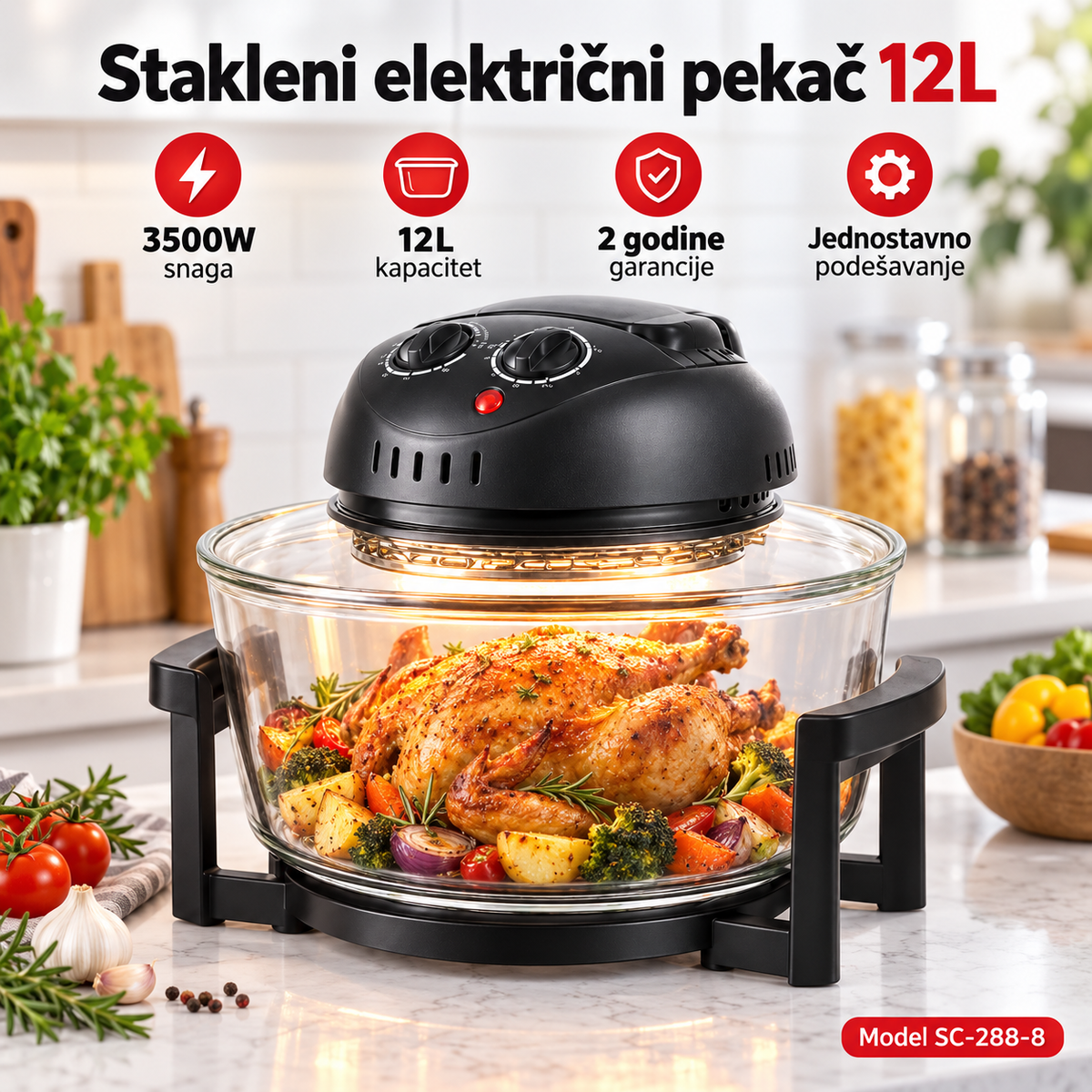 Stakleni električni pekač 12L 3500W sa 2 godine garancije