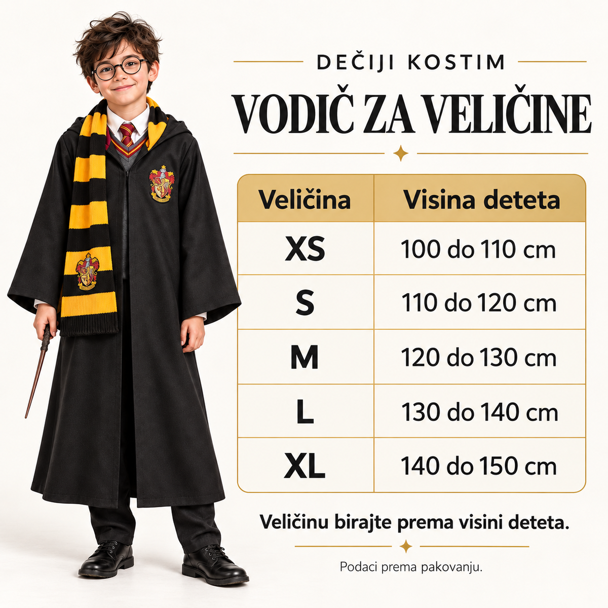Vodič za veličine kostima Hari Poter prema visini deteta: XS 100–110 cm, S 110–120 cm, M 120–130 cm, L 130–140 cm, XL 140–150 cm.