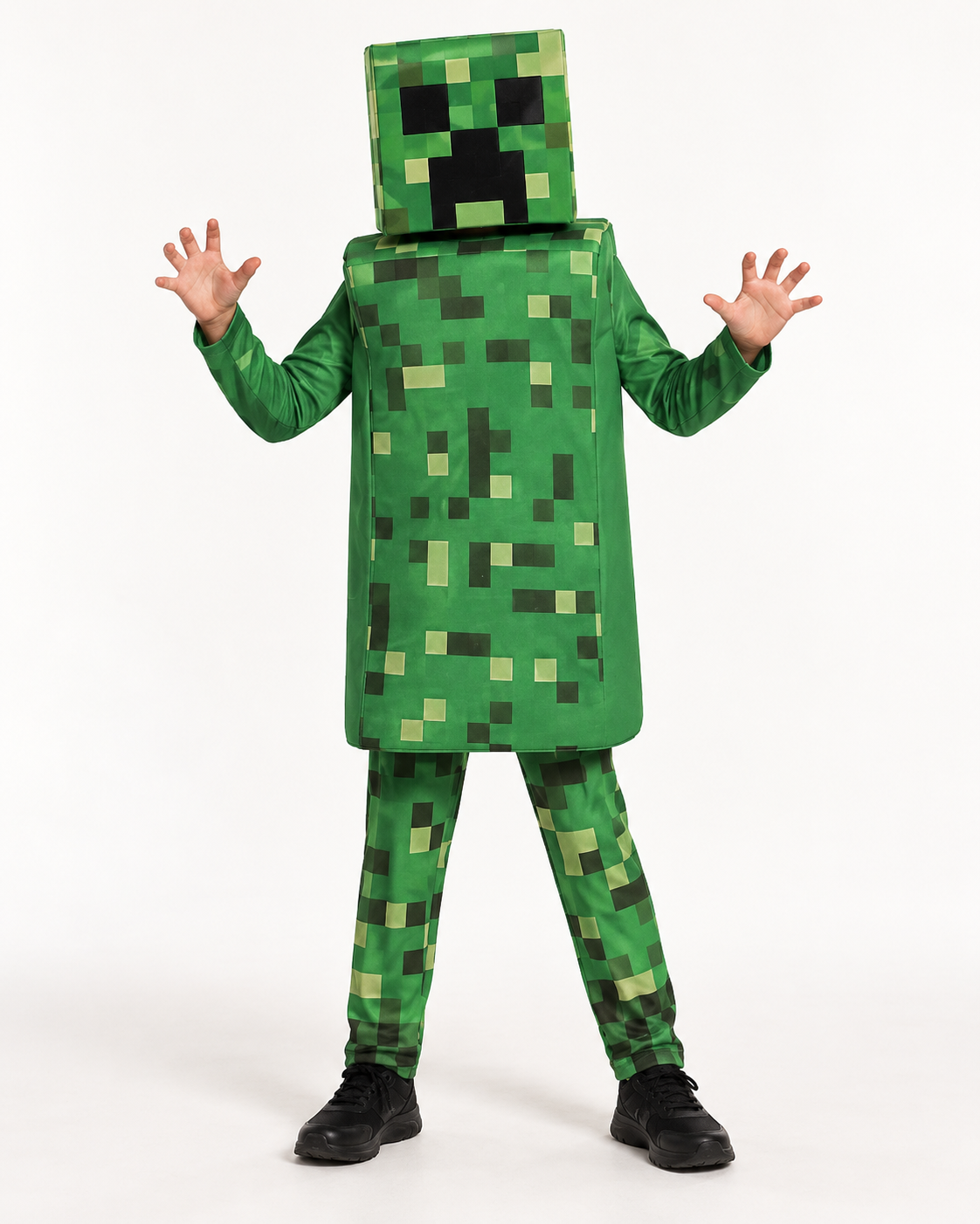 Dečiji kostim Minecraft Creeper sa zelenim pikselastim dezenom i kockastom maskom, prikaz na svetloj pozadini.