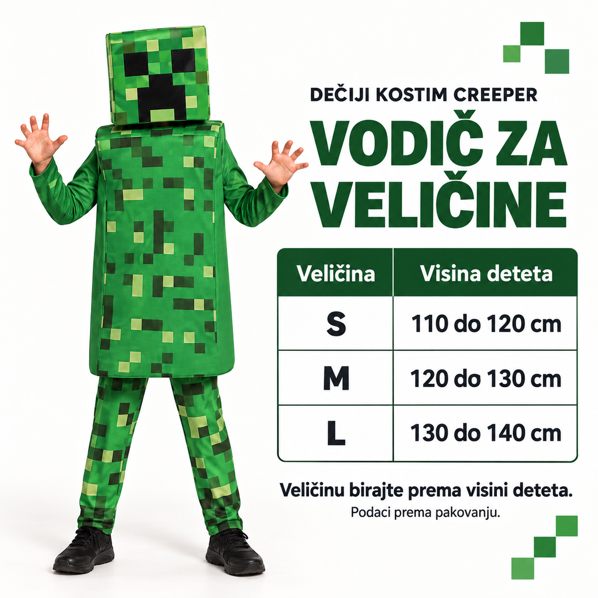 Vodič za veličine Minecraft Creeper kostima prema visini deteta: S 110–120 cm, M 120–130 cm i L 130–140 cm.