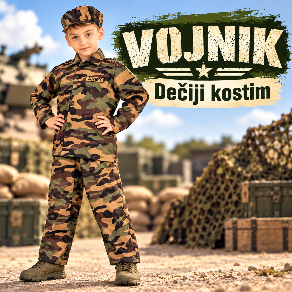 Dečiji kostim Vojnik – dečak stoji u uniformi, natpis VOJNIK