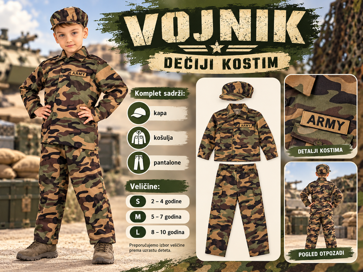 Dečiji kostim Vojnik – prikaz na dečaku, komplet sa kapom, košuljom i pantalonama