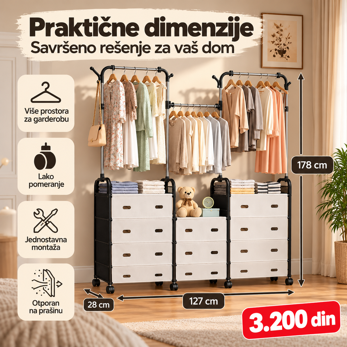 Garderober 127 cm širina 28 cm dubina 178 cm visina