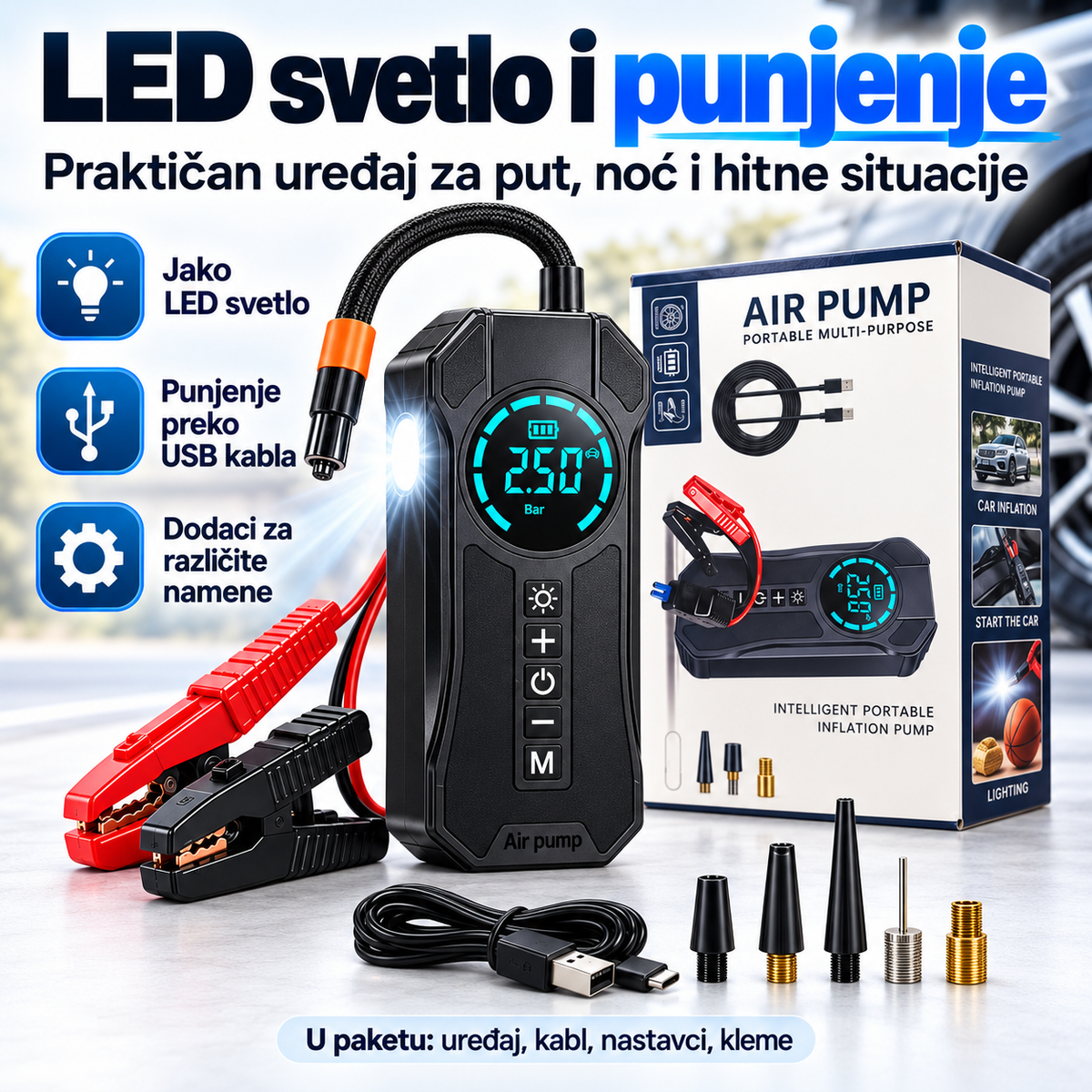 LED svetlo i USB-C punjenje digitalnog kompresora
