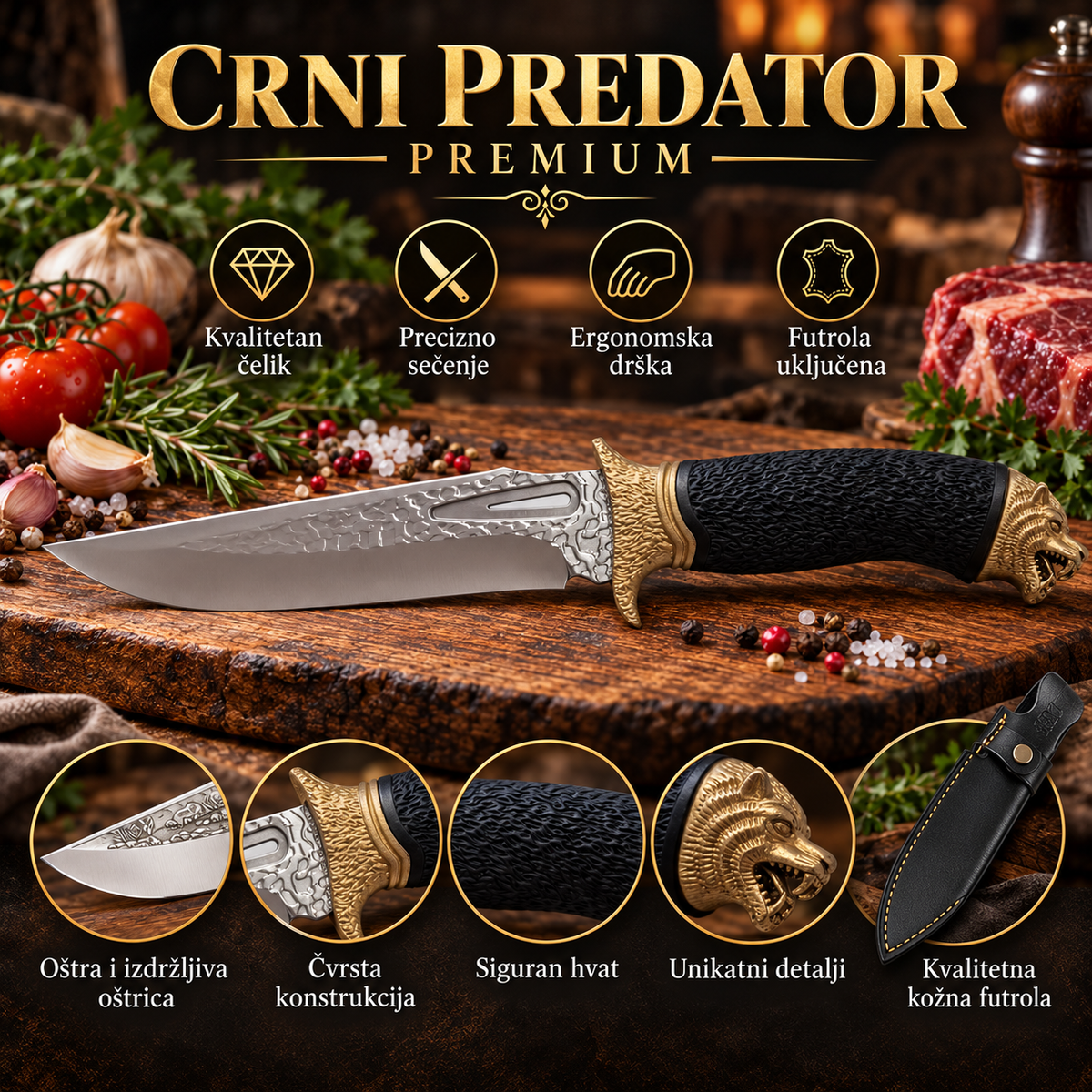 Crni predator – nož sa gumiranom crnom drškom i metalnim završetkom glave životinje