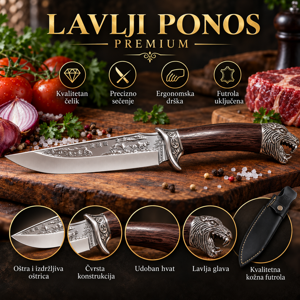 Lavlji ponos – tamna drvena drška, gravirano čelično sečivo i ukrašena metalna lavlja glava