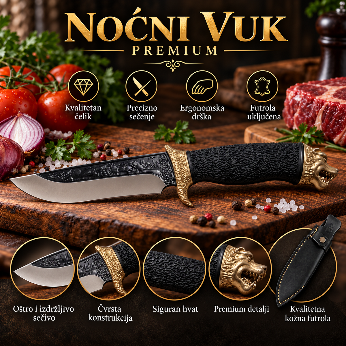 Noćni vuk – crna teksturirana drška, metalni detalji zlatne boje, nož sa dekorativnim tamnim gravurama