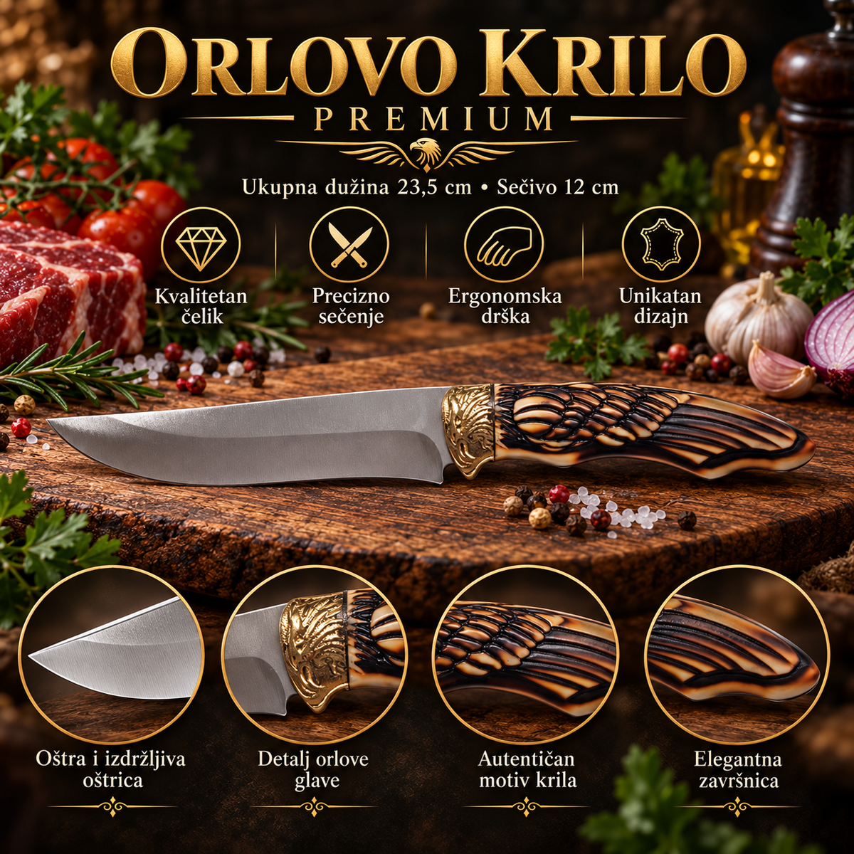 Orlovo krilo – nož sa ukrasnom drškom u obliku ptičjeg krila, zlatnim metalnim detaljem i kompaktnim sečivom