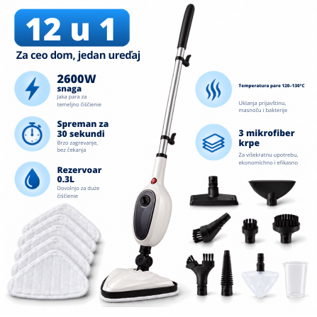 Mop na paru 12 u 1 sa 3 mikrofiber krpe