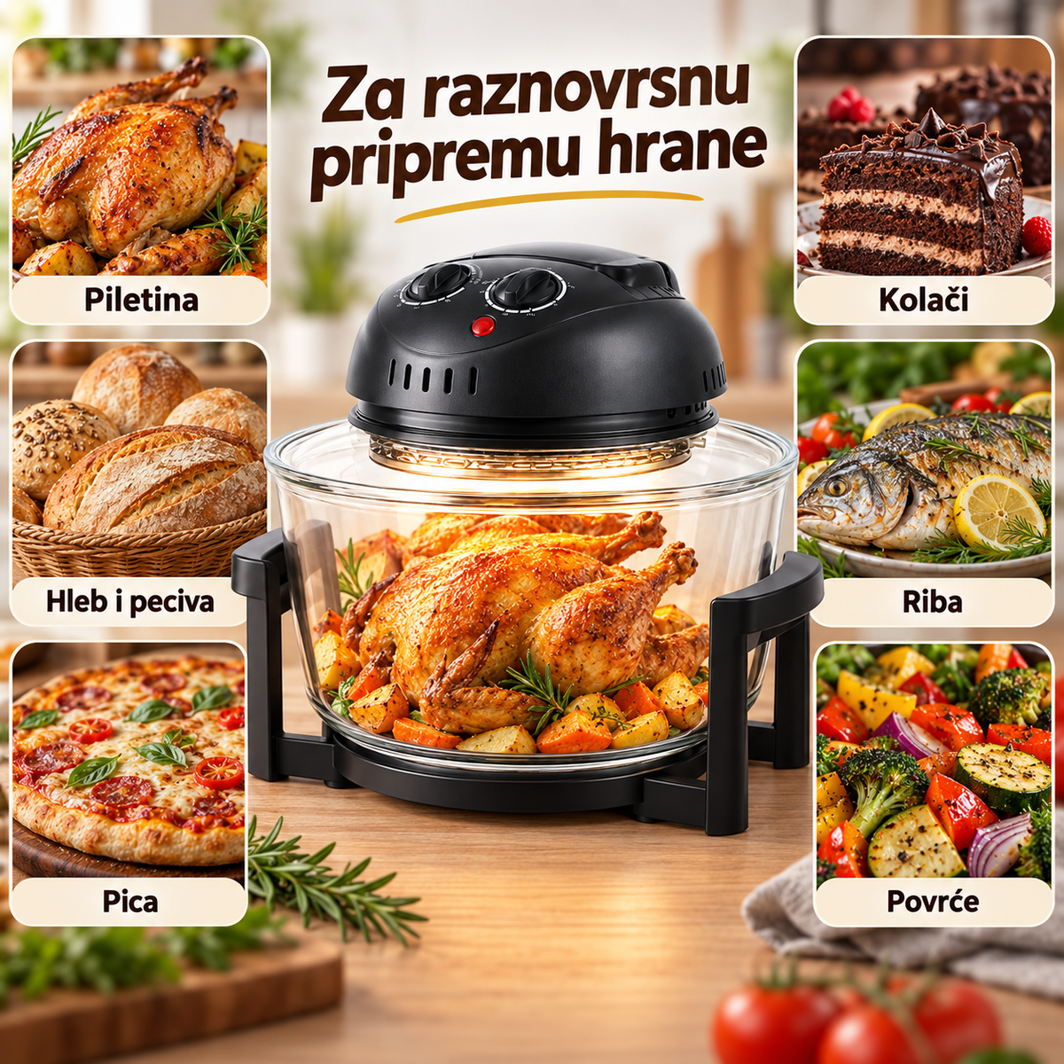 Stakleni pekač za piletinu, peciva, picu, kolače, ribu i povrće